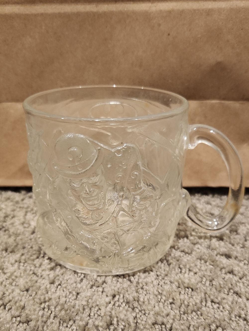 Vintage 1995 McDonald's Batman Forever "The Riddler" embossed glass mug. 3D